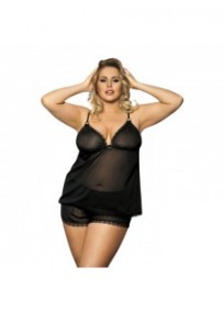 nuisette grande taille - ensemble top + shorty noir transparent Anais apparel (face)