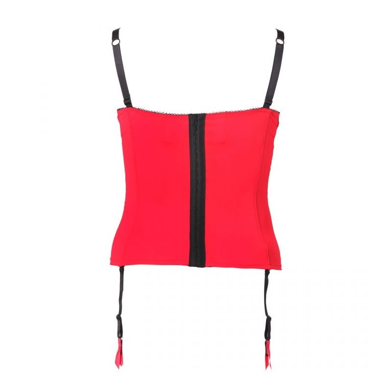guêpière grande taille - guepiere rouge et noire en microfible imprimé dentelle yours (dos)