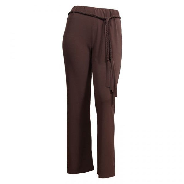 pantalon grande taille - pantalon fluide avec ceinture tressée marron (face)