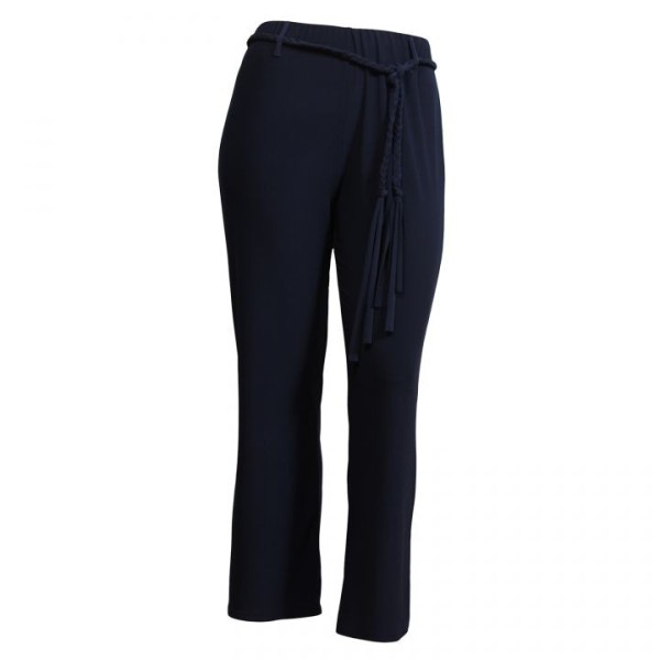 pantalon grande taille - pantalon fluide avec ceinture tressée bleu marine (face)