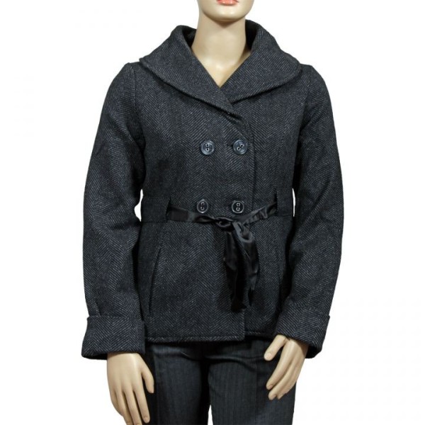 Manteau grande taille - caban gris chiné col châle (face)