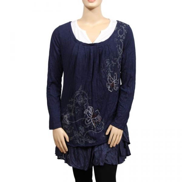 robe-tunique grande taille Claude Gérard motifs lys en sequins grande taille coloris navy (face)