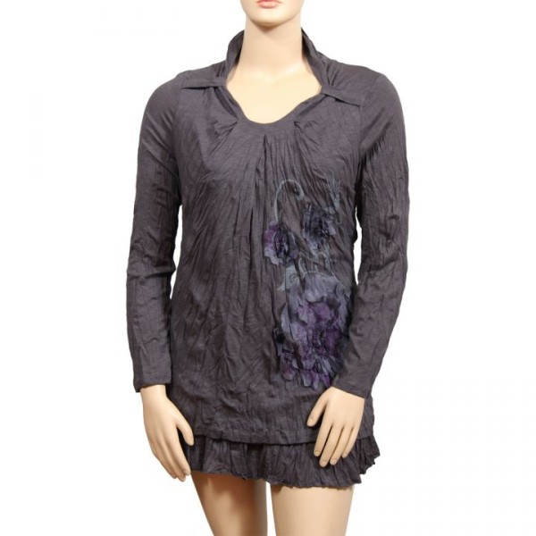 Robe tunique grande taille avec fleurs en tissu 2 en 1 Claude Gérard coloris gris (face)