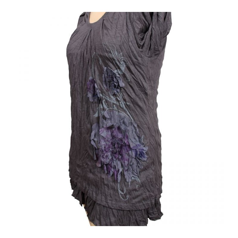 Robe tunique grande taille avec fleurs en tissu 2 en 1 Claude Gérard coloris gris (détail motif)