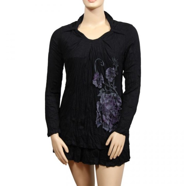 Robe tunique grande taille avec fleurs en tissu 2 en 1 Claude Gérard coloris noir (face)
