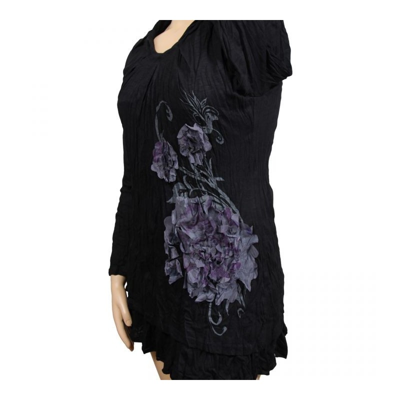 Robe tunique grande taille avec fleurs en tissu 2 en 1 Claude Gérard coloris noir (détail motif)