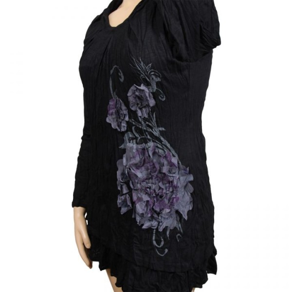 Robe tunique grande taille avec fleurs en tissu 2 en 1 Claude Gérard coloris noir (détail motif)