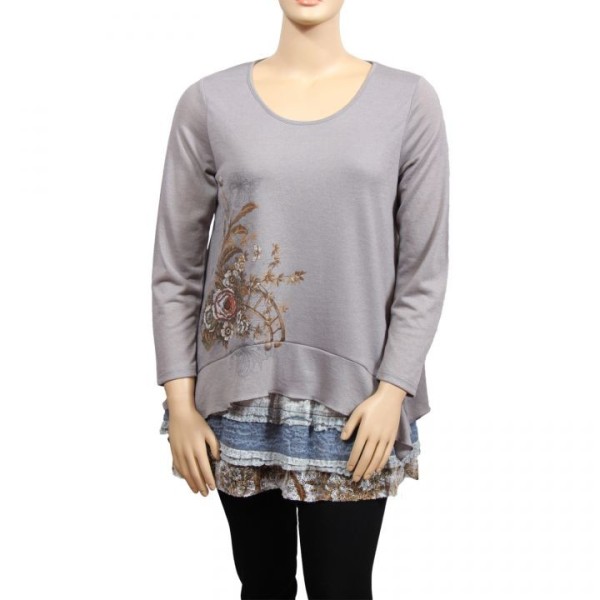 Pull grande taille - tunique volantée asymétrique Claude Gérard gris (face)