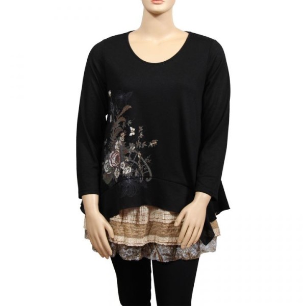 Pull grande taille - tunique volantée asymétrique noir Claude Gérard (face)