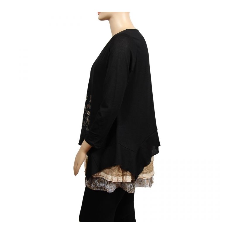 Pull grande taille - tunique volantée asymétrique noir Claude Gérard (côté)