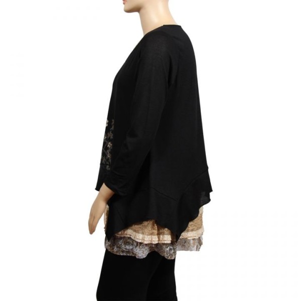 Pull grande taille - tunique volantée asymétrique noir Claude Gérard (côté)