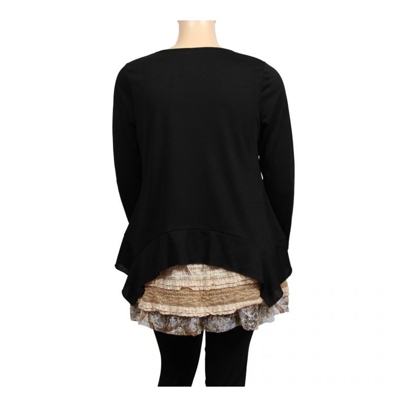 Pull grande taille - tunique volantée asymétrique noir Claude Gérard (dos)