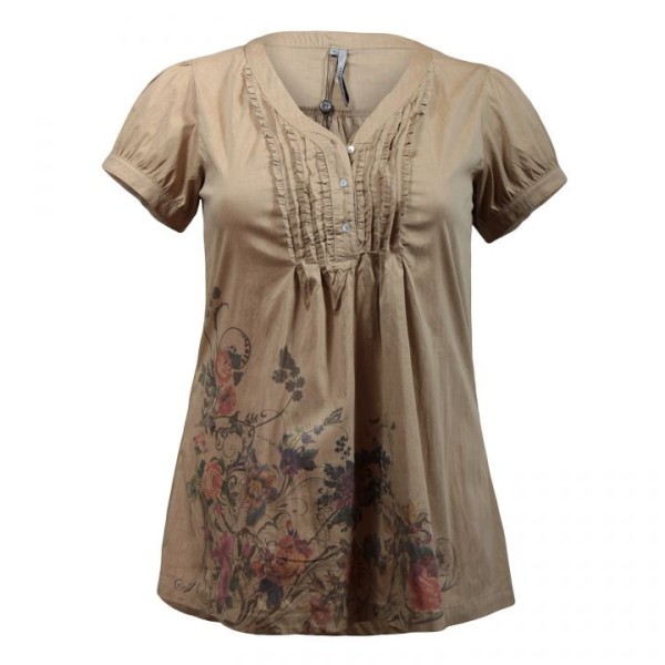 Blouse grande taille - Chemisier manches ballon Claude Gérard coloris camel (face)