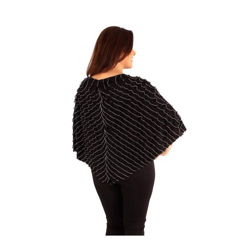 Poncho asymétrique Govina Lili London noir et crème (porté côté)