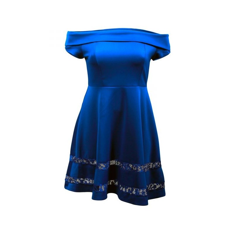 robe grande taille - robe de cocktail style bardot "studio" Lili London coloris bleu (face)