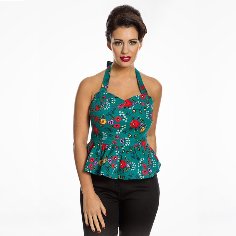 Top grande taille - Dos nu peplum vert "Lettie" de la marque Lindy Bop (porté face 1)