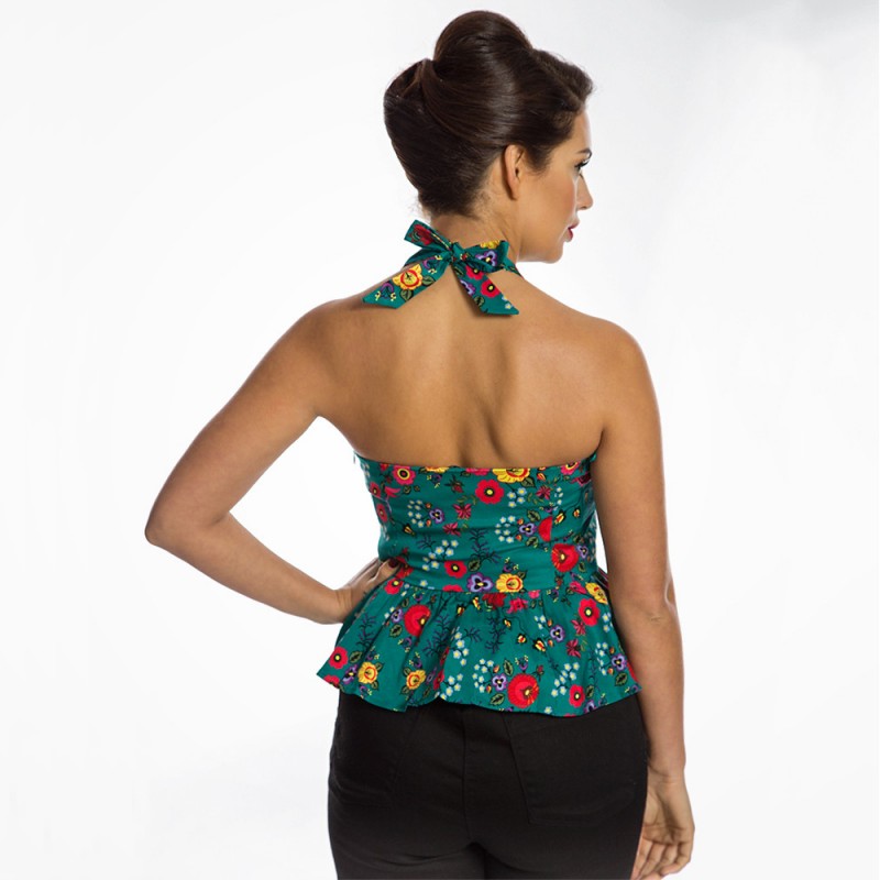 Top grande taille - Dos nu peplum vert "Lettie" de la marque Lindy Bop (porté dos)