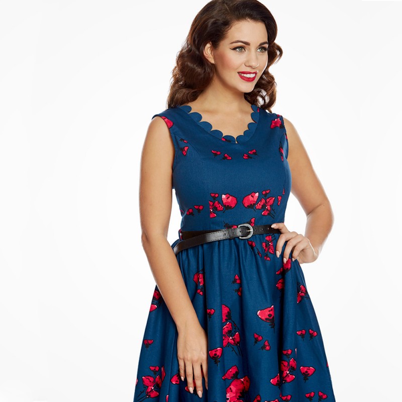 robe grande taille - robe vintage "Daria" Lindy Bop imprimé "coquelicot" (face porté zoom)