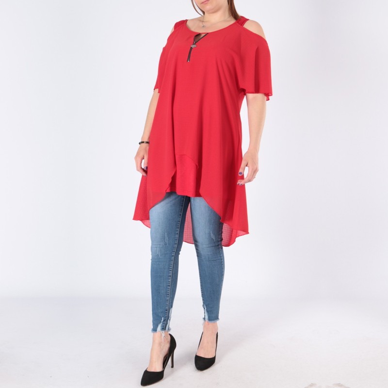 top et tuniques grandes tailles - tunique épaules dénudées avec zip rouge 2W (porté 3/4)