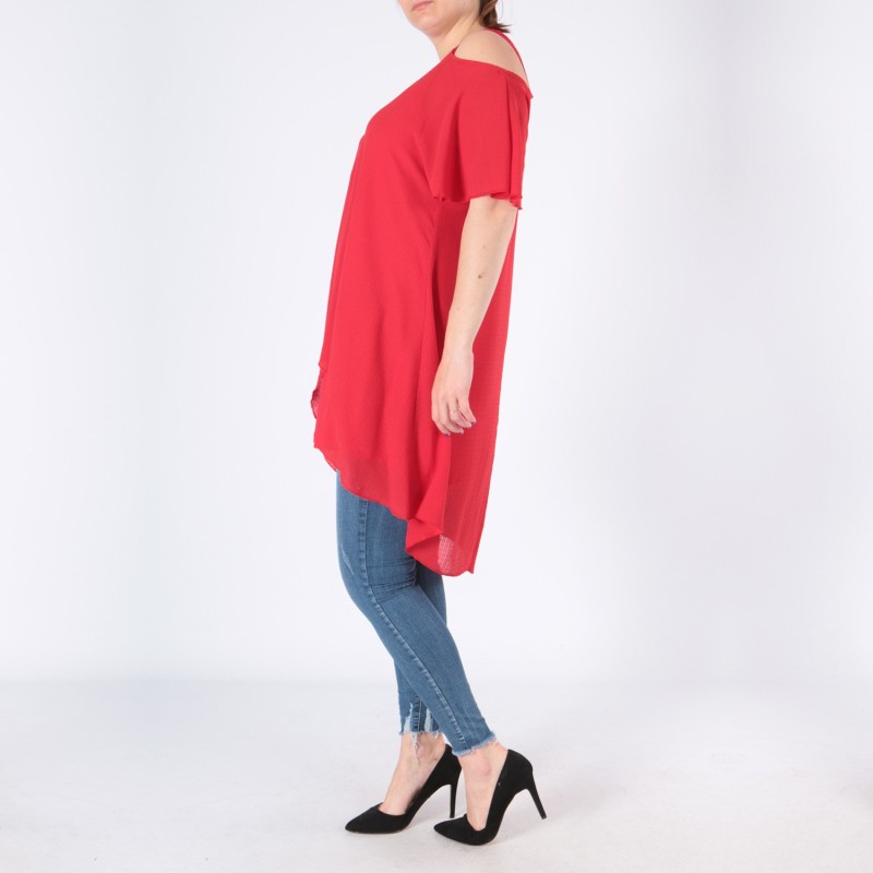 top et tuniques grandes tailles - tunique épaules dénudées avec zip rouge 2W (porté côté)
