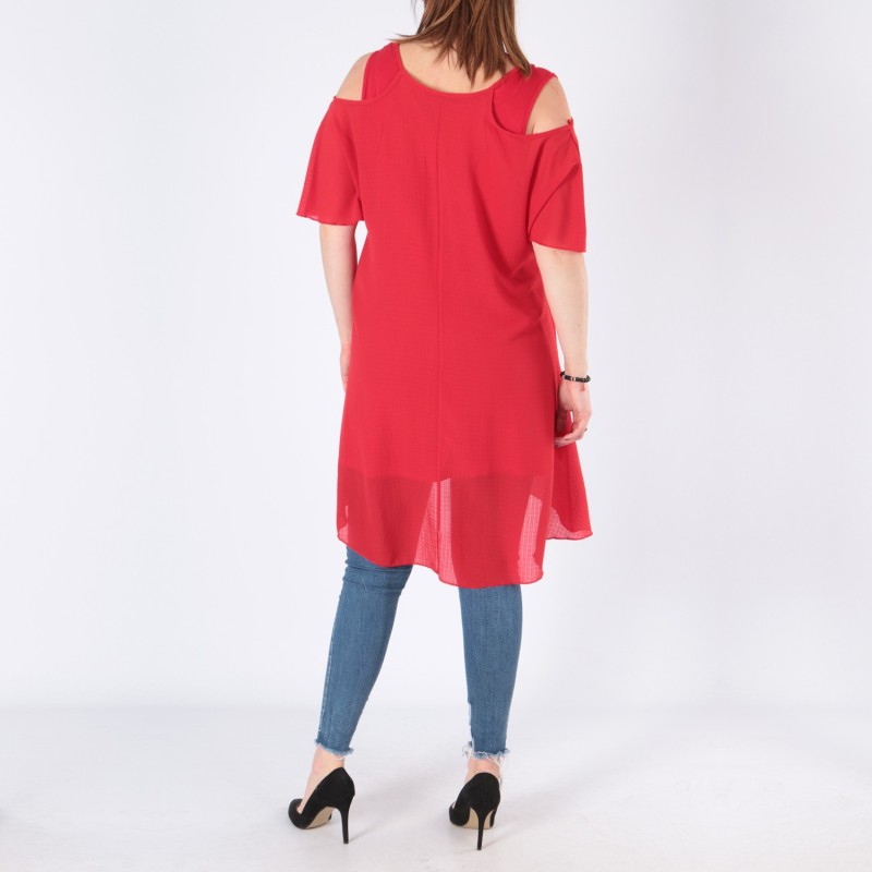 top et tuniques grandes tailles - tunique épaules dénudées avec zip rouge 2W (porté dos)