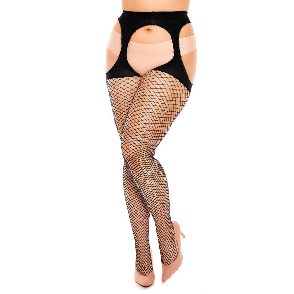 Collant résille ouvert façon porte jarretelles Glamory "Mesh ouvert" noir grande taille