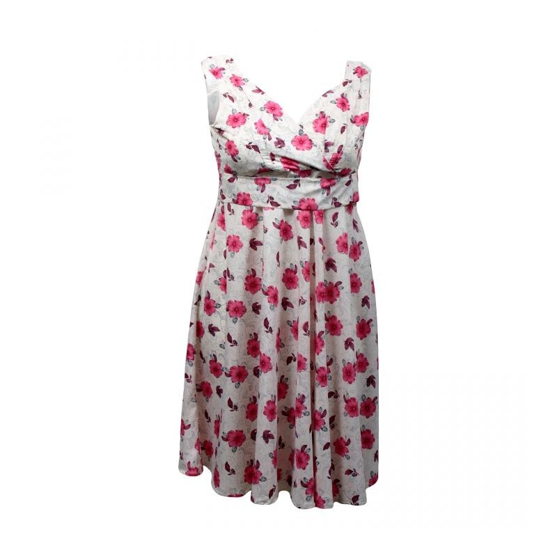 robe grande taille - robe vintage imprimé fleurs roses sur fond blanc cassé (face)