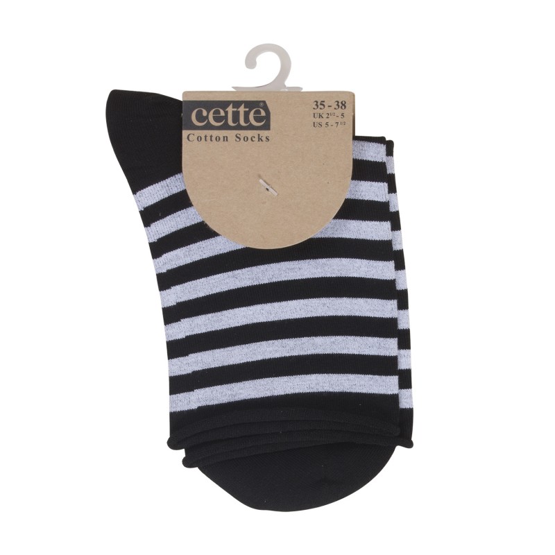 Chaussettes en coton à bords roulottés sans compression rayées de la marque Cette, photo de l'emballage