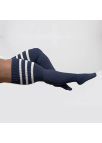 Chaussettes hautes rayées coloris bleu marine Thunda Thighs (vue sur le côté)