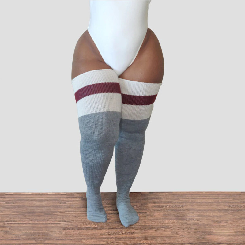 Chaussettes hautes rayées coloris gris et crème Thunda Thighs (vue de face)