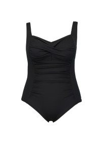 Maillot de bain grande taille une pièce drapé avec bonnets souples, coloris noir, de face