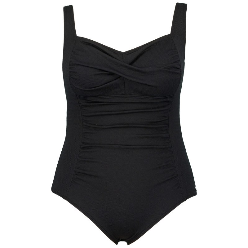 Maillot de bain grande taille une pièce drapé avec bonnets souples, coloris noir, de face