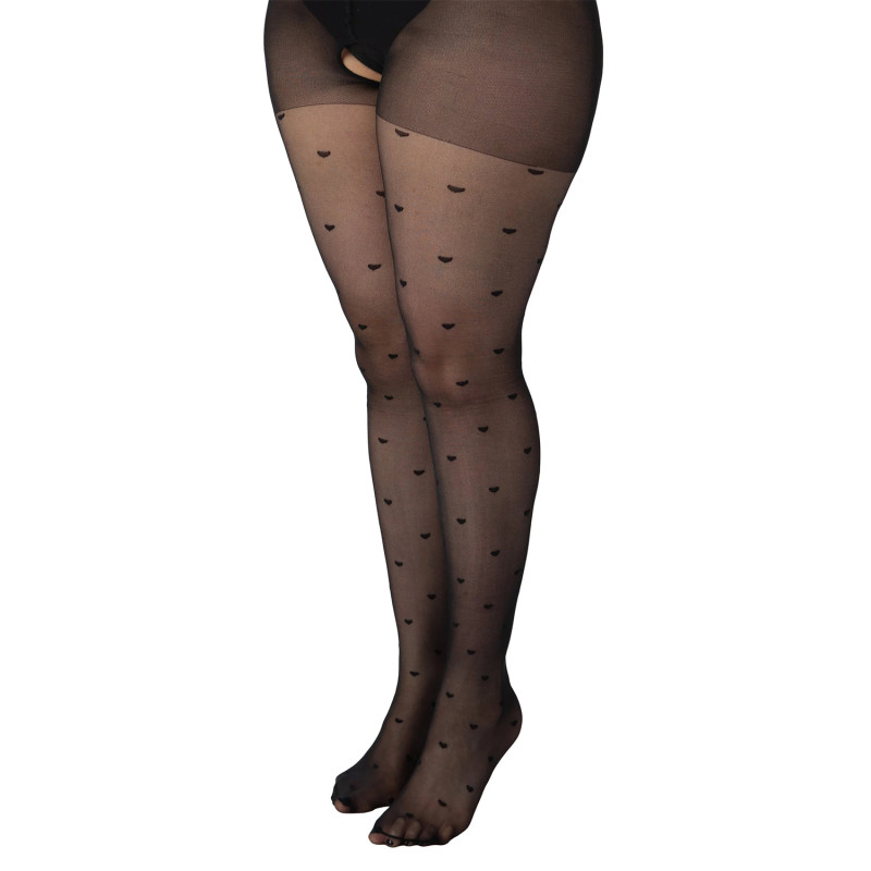 Collants ouverts fins grande taille noirs à motifs coeurs Pamela Mann (vue de trois quarts)