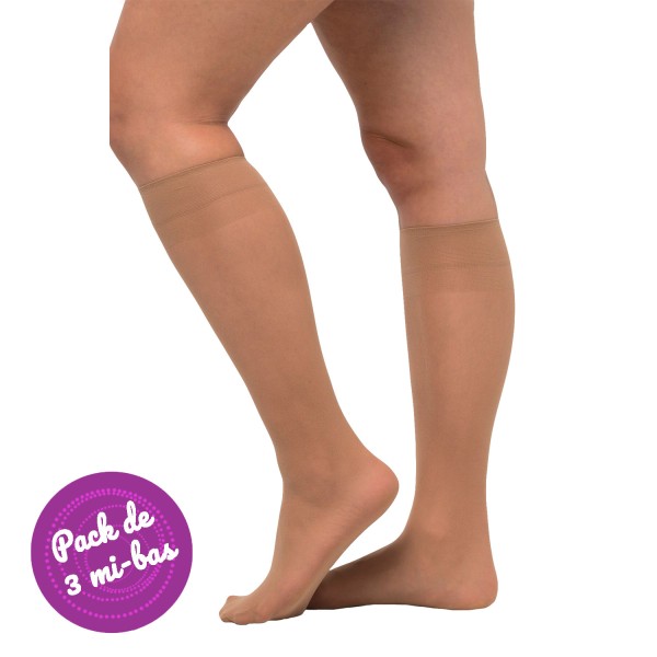 Mi-bas pour mollets larges XXL en lot de 3 paires coloris teint