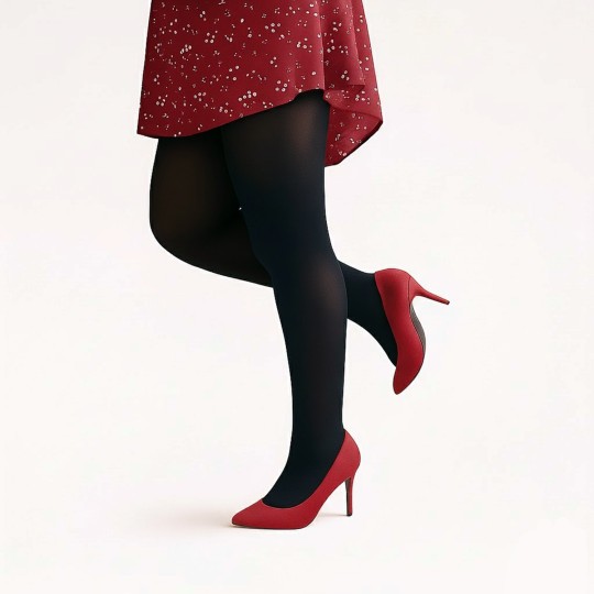 Collant opaque 90 deniers noir RAC porté avec une robe rouge et des escarpins. Ce collant grande taille est idéal pour l'hiver.