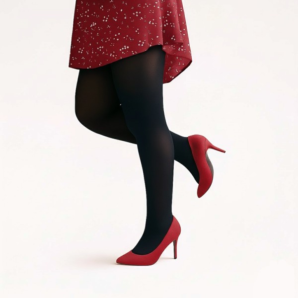 Collant opaque 90 deniers noir RAC porté avec une robe rouge et des escarpins. Ce collant grande taille est idéal pour l'hiver.