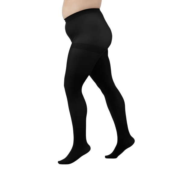 Vue de la construction 3D du collant opaque noir. La ceinture large garantit un bon maintien sans serrer ni rouler.