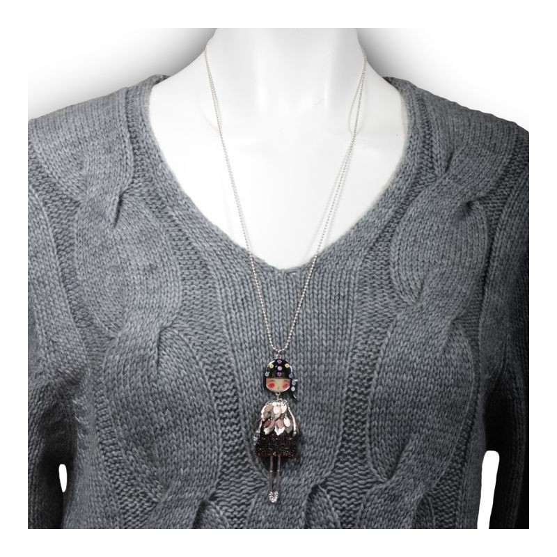 Collier fantaisie grande taille - sautoir Carla noir "les pepettes" Lol bijoux (porté)