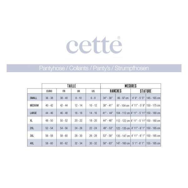 Guide des tailles pour les collants de la marque Cette