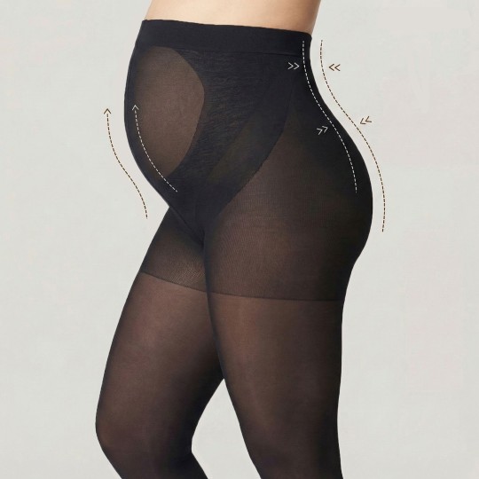 Collant de grossesse noir 40 deniers Fiore Mama avec soutien lombaire et abdominal.