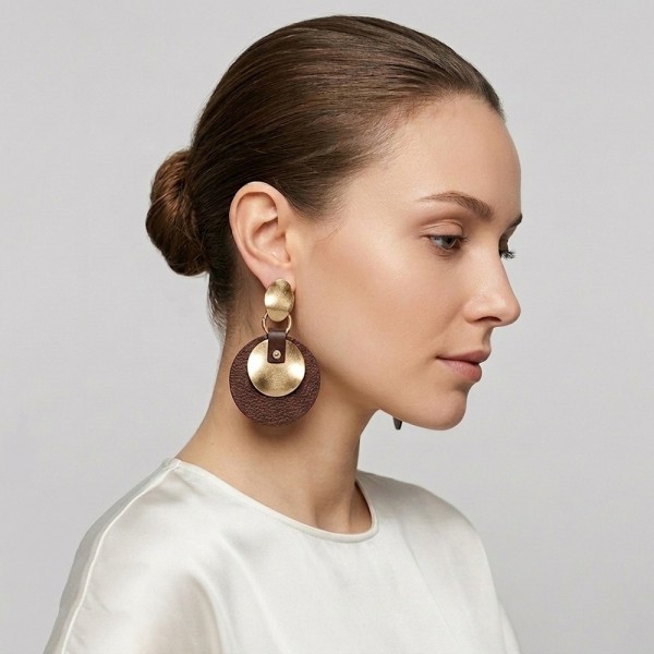 Boucles d'oreilles pendantes graphiques chocolat et doré Lolilota portées