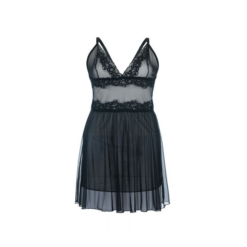 Lingerie grande taille - nuisette transparente noire avec dentelle Andaléa (face)