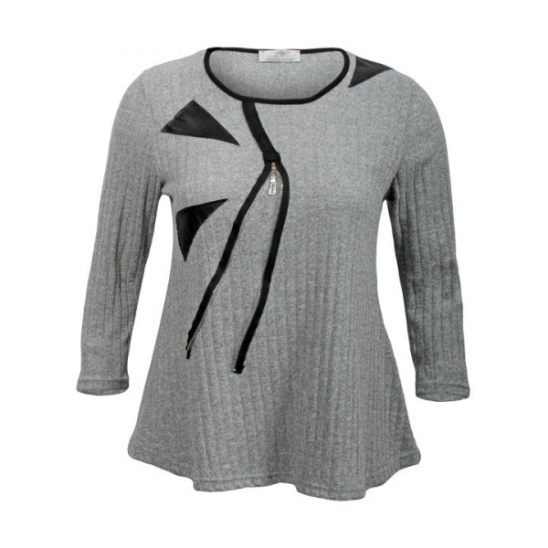 pull grande taille - pull côtelé empiecements simili cuir coloris gris (face 1)