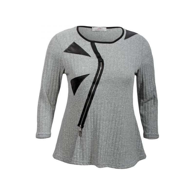 pull grande taille - pull côtelé empiecements simili cuir coloris gris (face 2)