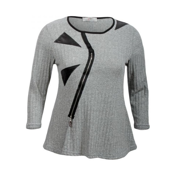 pull grande taille - pull côtelé empiecements simili cuir coloris gris (face 2)