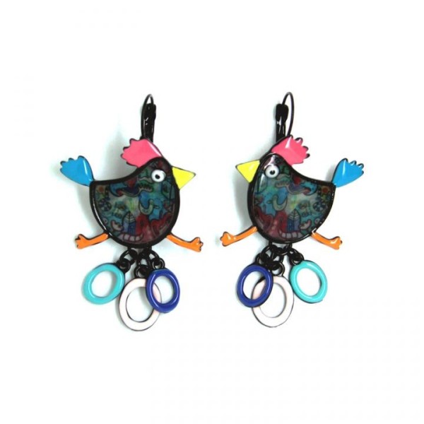 boucles d'oreilles fantaisie - dormeuses poule cercle fuschia bleu lol bijoux