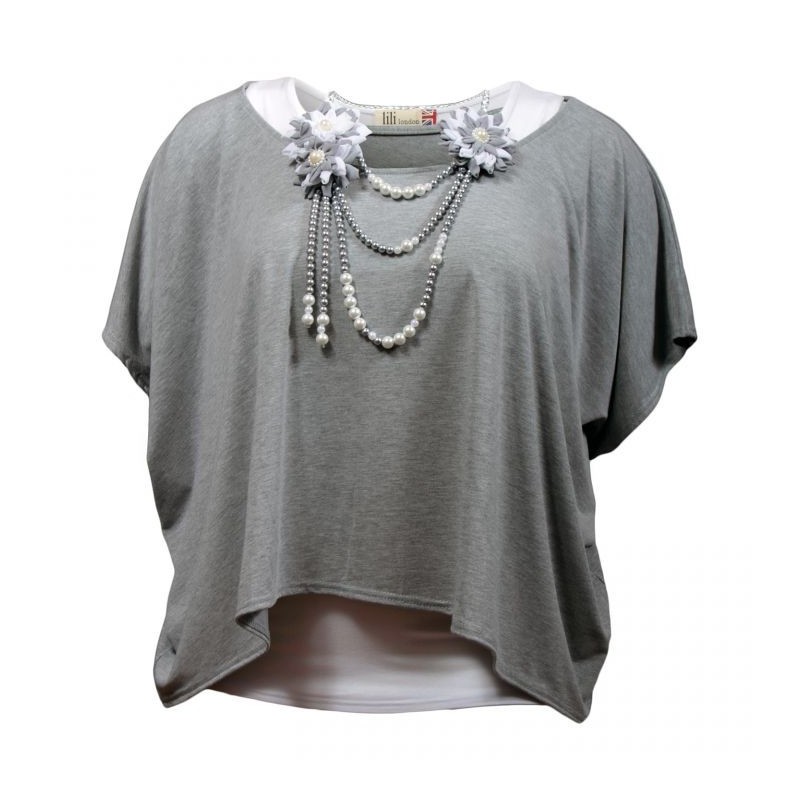 tunique grande taille - tunique 2en1 + collier amovible "Josie" gris clair (face)