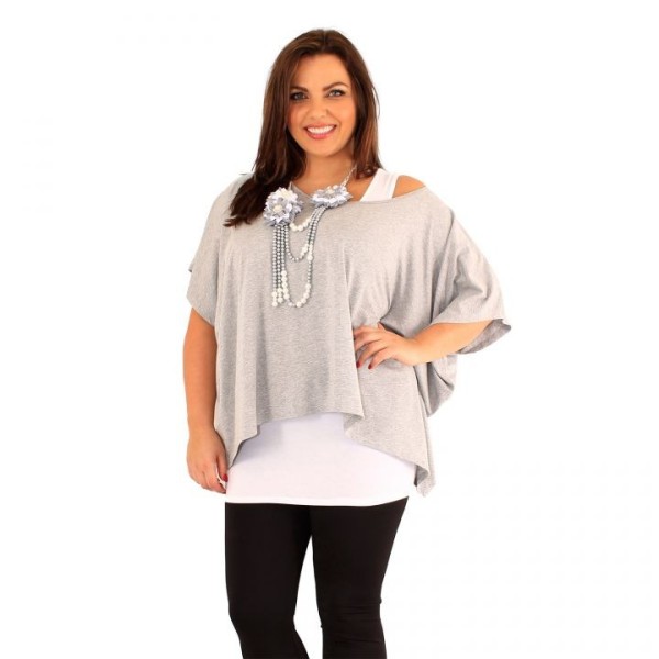 tunique grande taille - tunique 2en1 + collier amovible "Josie" gris clair (portée face)