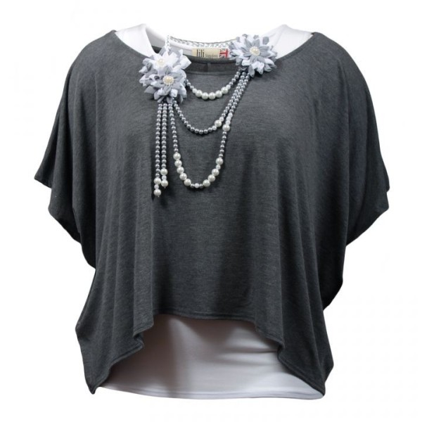 tunique grande taille - tunique 2en1 + collier amovible "Josie" gris foncé (face)