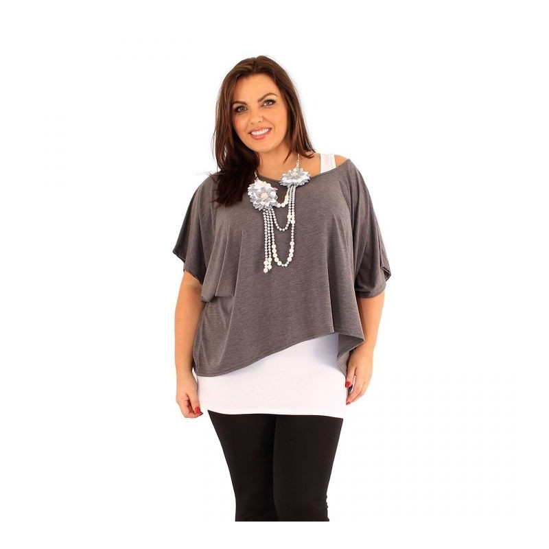tunique grande taille - tunique 2en1 + collier amovible "Josie" gris foncé (face portée)